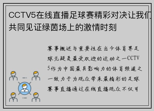 CCTV5在线直播足球赛精彩对决让我们共同见证绿茵场上的激情时刻